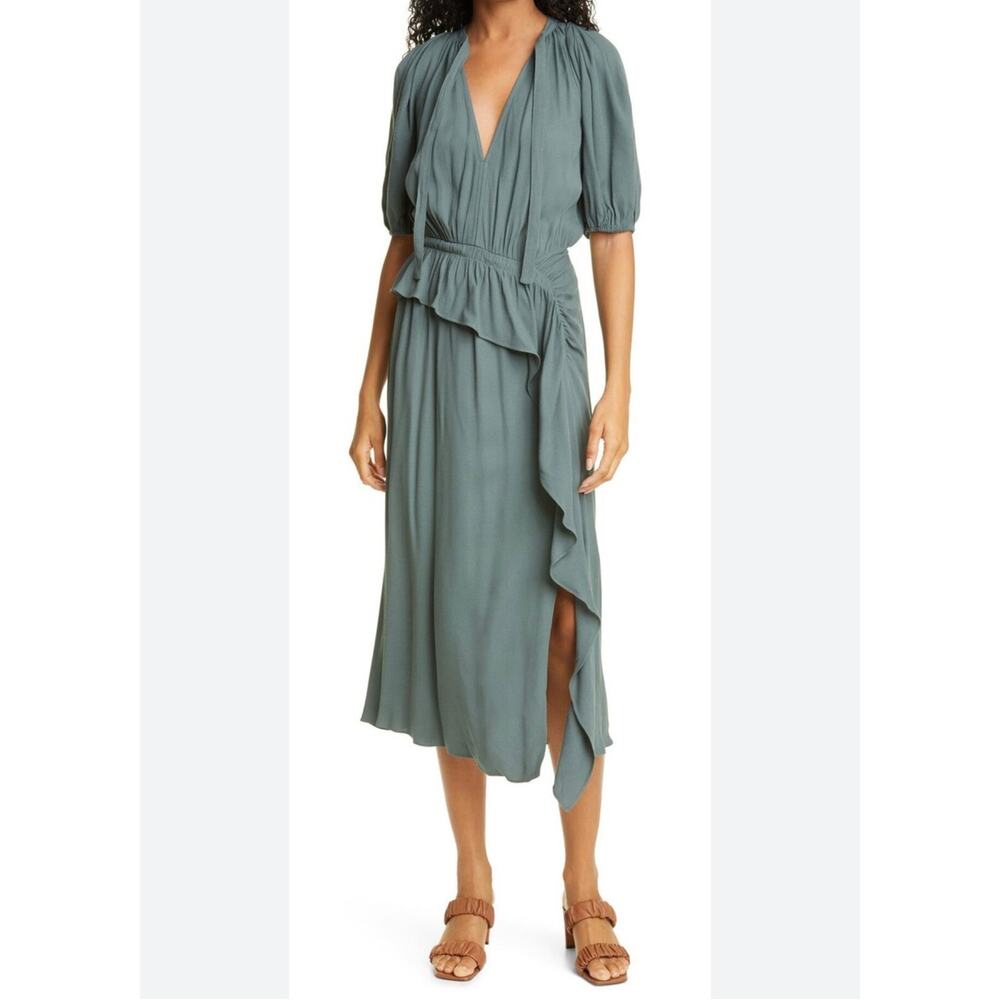 ULLA JOHNSON Leah Draped Ruffled Crepe Midi Dress - Size 6 - Picture 2 of 6